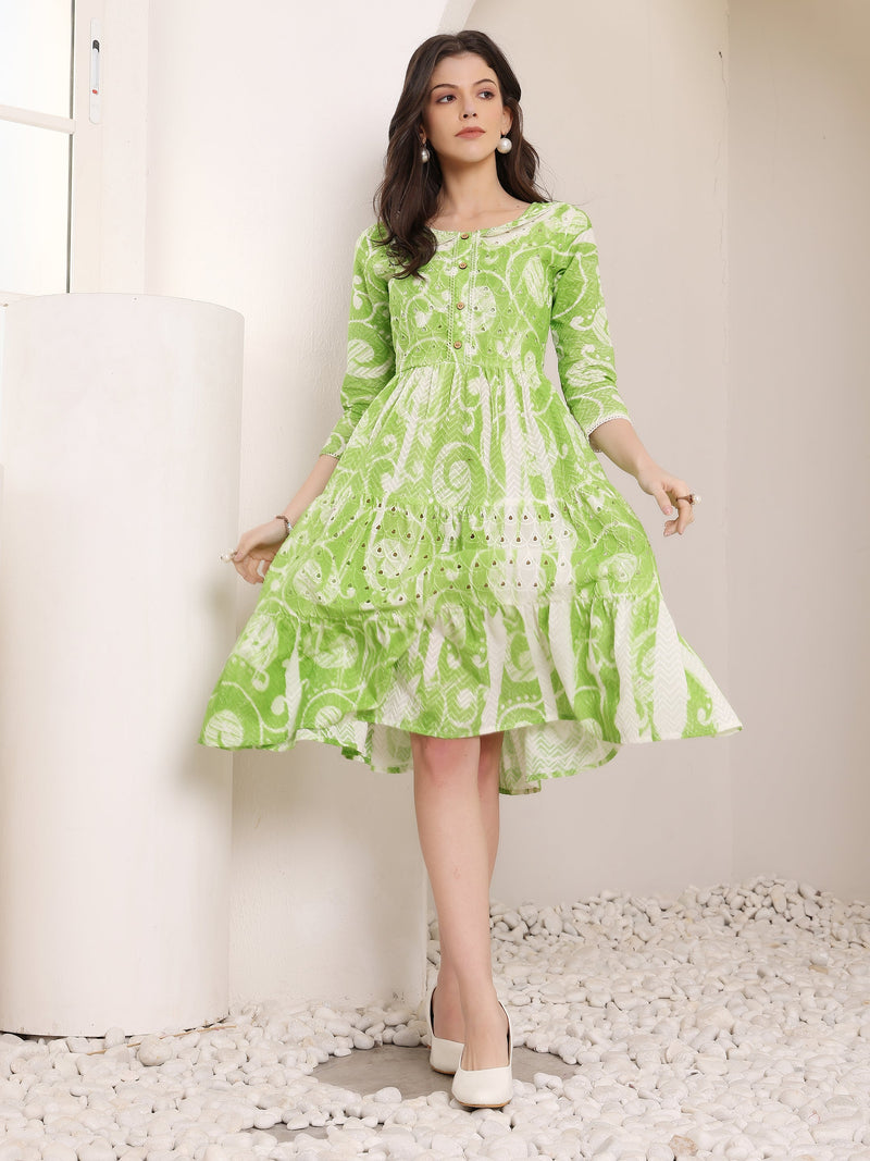 Cotton Schiffli Hand Printed Tiered A-Line Dress