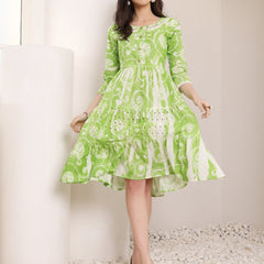 Cotton Schiffli Hand Printed Tiered A-Line Dress