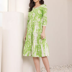 Cotton Schiffli Hand Printed Tiered A-Line Dress