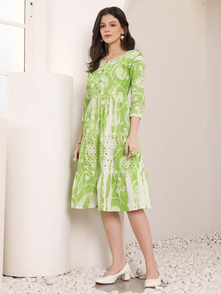 Cotton Schiffli Hand Printed Tiered A-Line Dress
