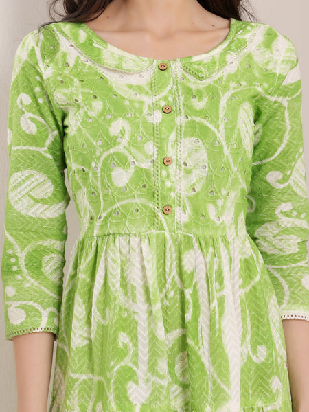 Cotton Schiffli Hand Printed Tiered A-Line Dress