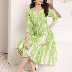 Cotton Schiffli Hand Printed Tiered A-Line Dress