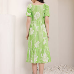 Cotton Schiffli Hand Printed Knee Length Dress