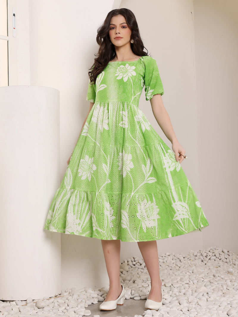 Cotton Schiffli Hand Printed Knee Length Dress