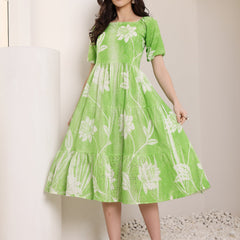 Cotton Schiffli Hand Printed Knee Length Dress