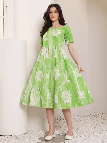 Cotton Schiffli Hand Printed Knee Length Dress