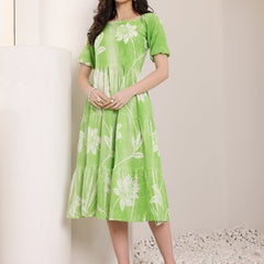 Cotton Schiffli Hand Printed Knee Length Dress