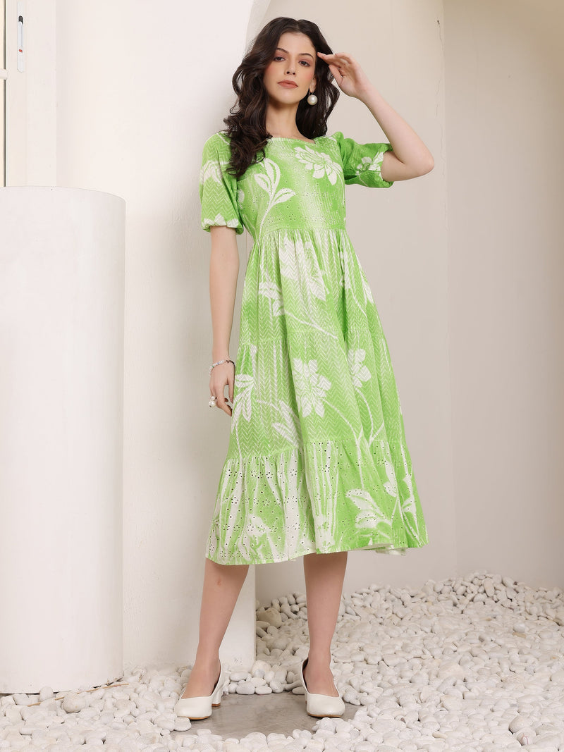 Cotton Schiffli Hand Printed Knee Length Dress