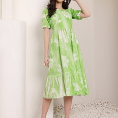 Cotton Schiffli Hand Printed Knee Length Dress