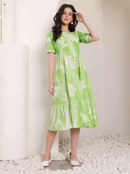 Cotton Schiffli Hand Printed Knee Length Dress