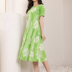 Cotton Schiffli Hand Printed Knee Length Dress