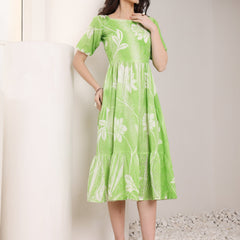 Cotton Schiffli Hand Printed Knee Length Dress