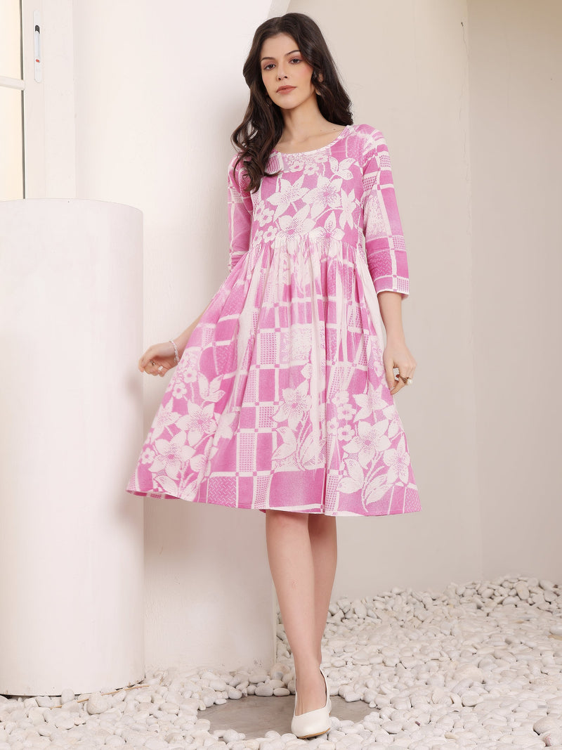 Cotton Hand Printed Tiered A-Line Dress