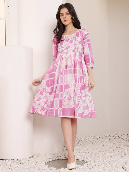 Cotton Hand Printed Tiered A-Line Dress