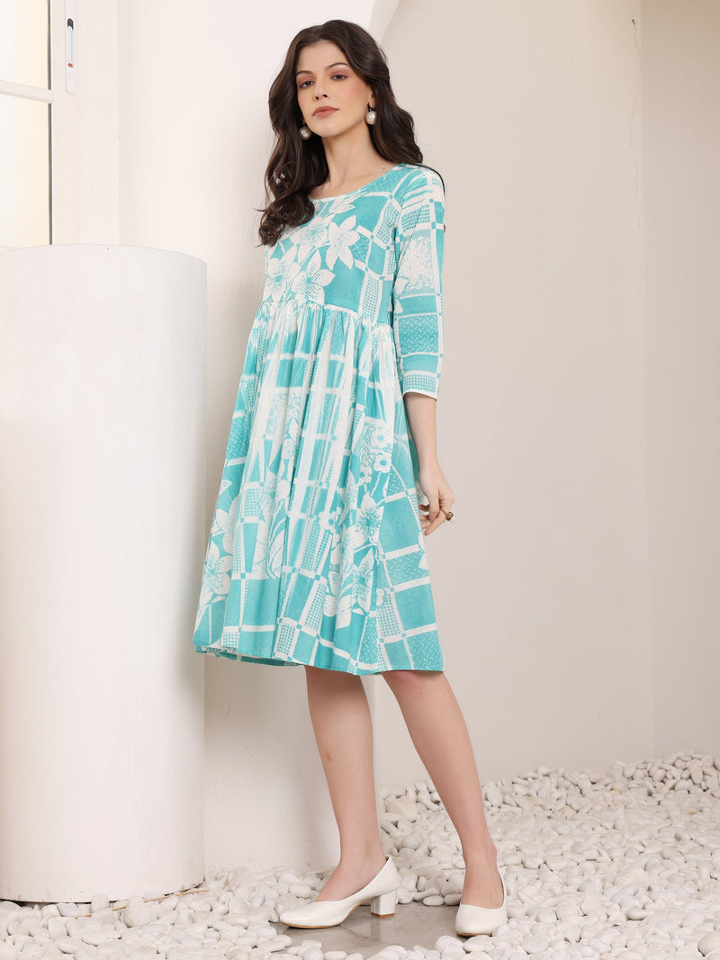 Cotton Hand Printed Tiered A-Line Dress