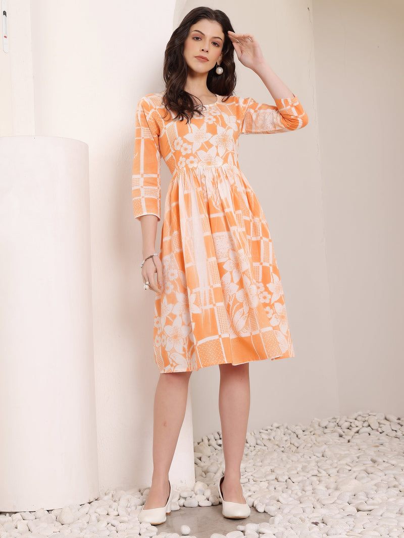 Cotton Hand Printed Tiered A-Line Dress