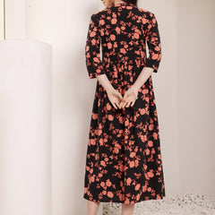 Women Cotton Floral Printed Mandrain Collar Maxi Dress