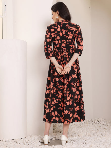 Women Cotton Floral Printed Mandrain Collar Maxi Dress