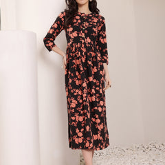 Women Cotton Floral Printed Mandrain Collar Maxi Dress