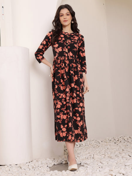 Women Cotton Floral Printed Mandrain Collar Maxi Dress