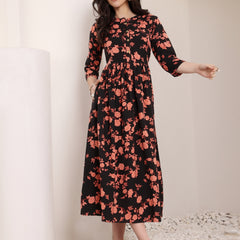 Women Cotton Floral Printed Mandrain Collar Maxi Dress