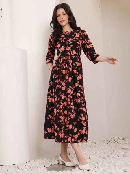Women Cotton Floral Printed Mandrain Collar Maxi Dress