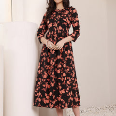 Women Cotton Floral Printed Mandrain Collar Maxi Dress