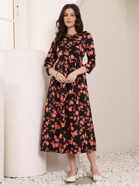 Women Cotton Floral Printed Mandrain Collar Maxi Dress