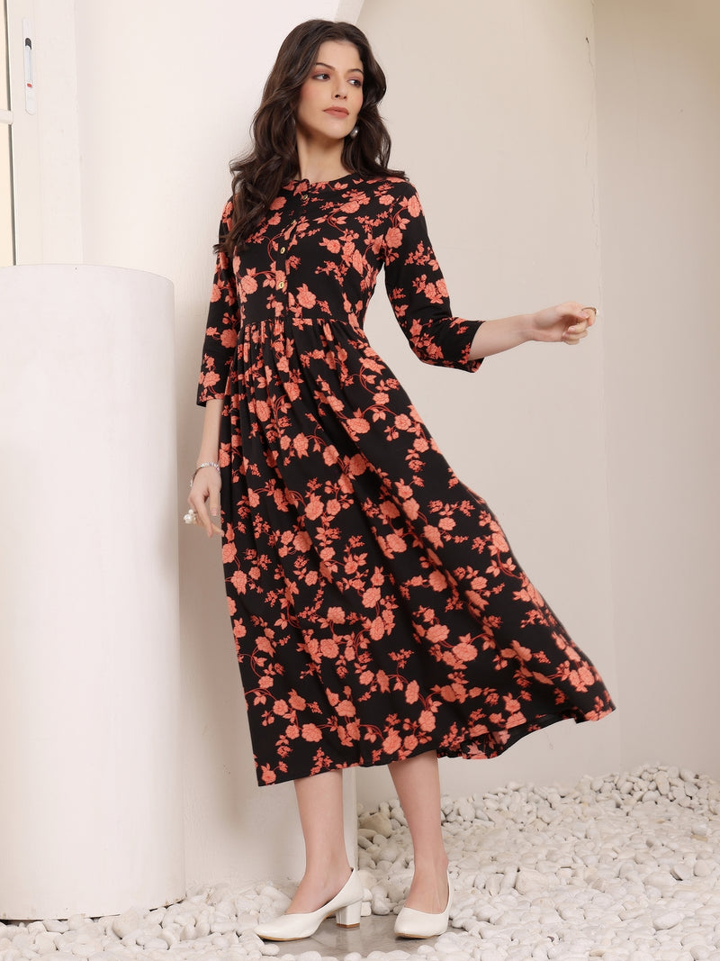 Women Cotton Floral Printed Mandrain Collar Maxi Dress