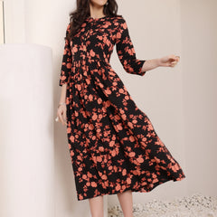 Women Cotton Floral Printed Mandrain Collar Maxi Dress