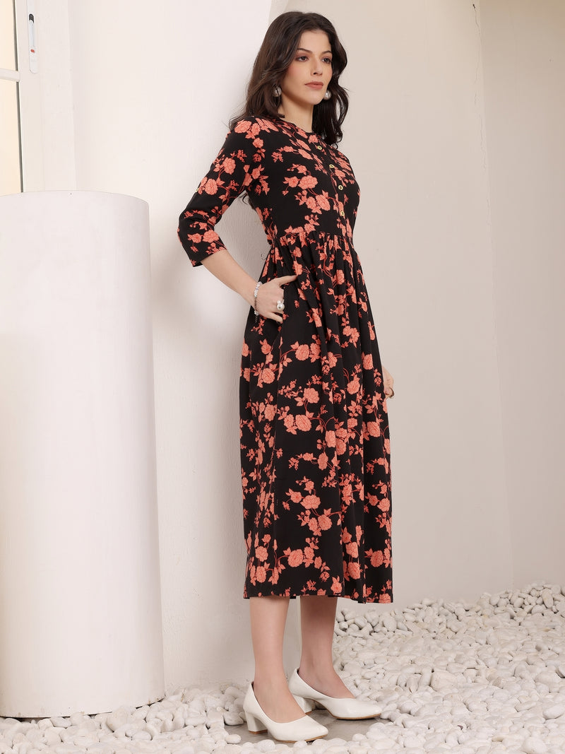 Women Cotton Floral Printed Mandrain Collar Maxi Dress