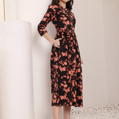 Women Cotton Floral Printed Mandrain Collar Maxi Dress