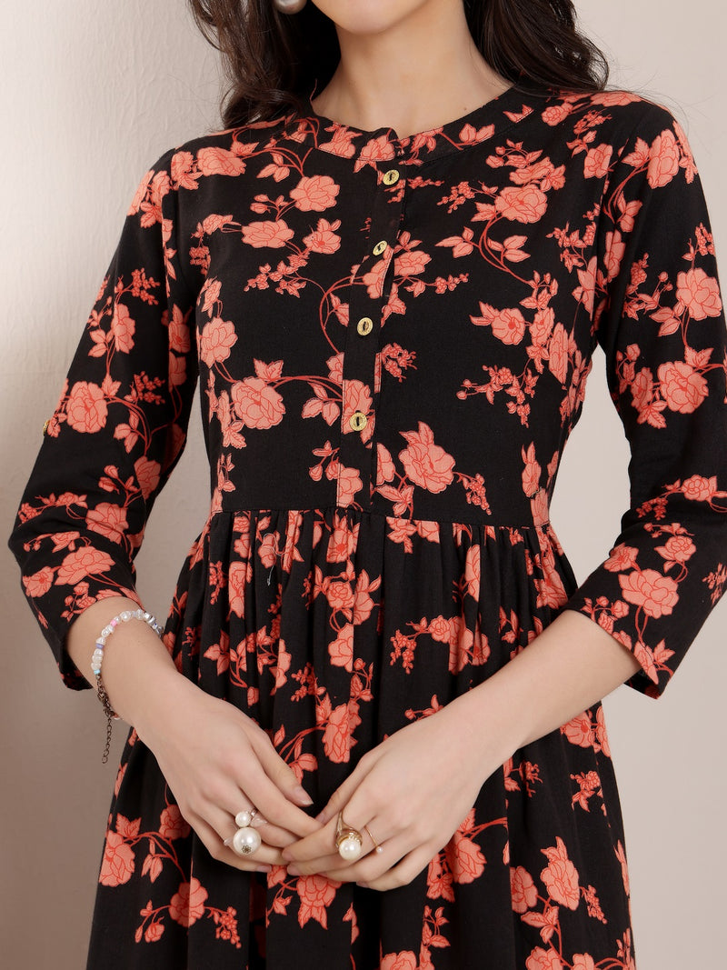 Women Cotton Floral Printed Mandrain Collar Maxi Dress