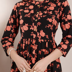 Women Cotton Floral Printed Mandrain Collar Maxi Dress