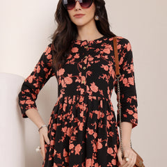 Women Cotton Floral Printed Mandrain Collar Maxi Dress