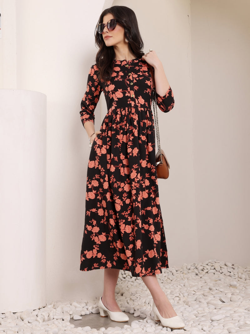 Women Cotton Floral Printed Mandrain Collar Maxi Dress