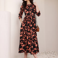 Women Cotton Floral Printed Mandrain Collar Maxi Dress