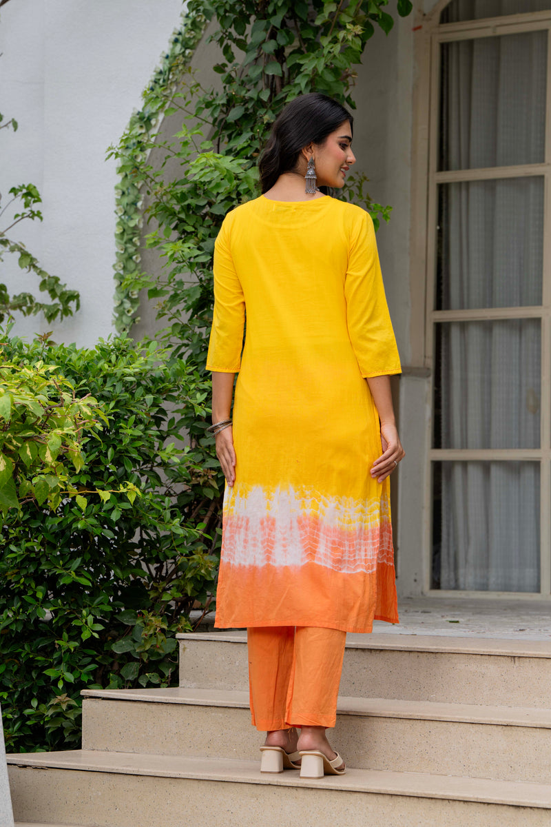 Women Tie& Dye Cotton Straight Shape Kurta , Pant With Dupatta