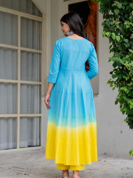 Women Tie& dye Cotton Anarkali Shape Kurta, Pant With Dupatta