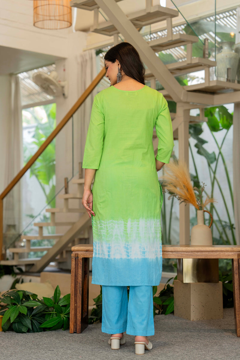 Women Tie& Dye Cotton Straight Shape Kurta , Pant With Dupatta