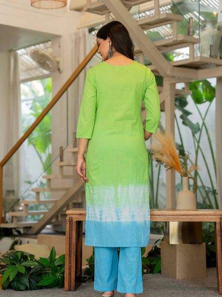 Women Tie& Dye Cotton Straight Shape Kurta , Pant With Dupatta