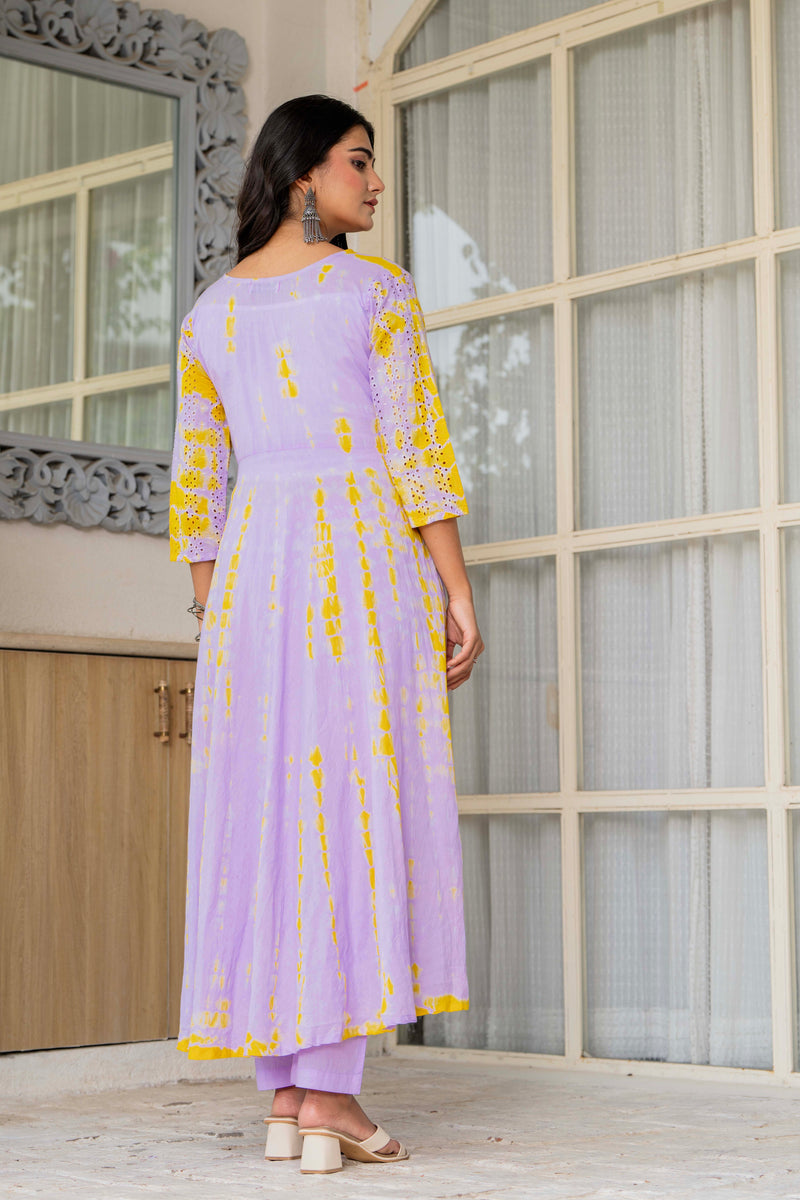Women Tie& dye Mulcotton Anarkali Shape Kurta, Pant With Dupatta
