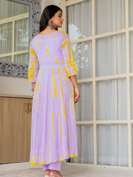 Women Tie& dye Mulcotton Anarkali Shape Kurta, Pant With Dupatta