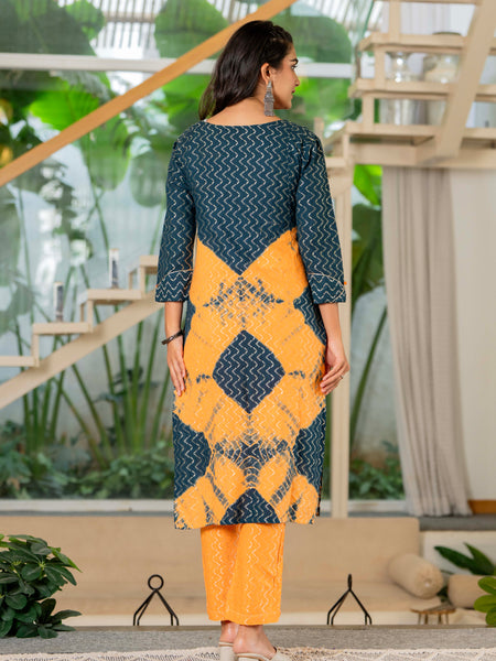Women Tie& Dye Cotton Lapet Straight Shape Kurta , Pant With Dupatta