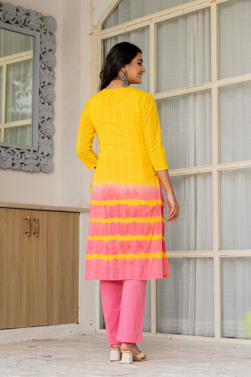 Women Tie& Dye Cotton Straight Shape Kurta , Pant With Dupatta
