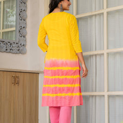 Women Tie& Dye Cotton Straight Shape Kurta , Pant With Dupatta