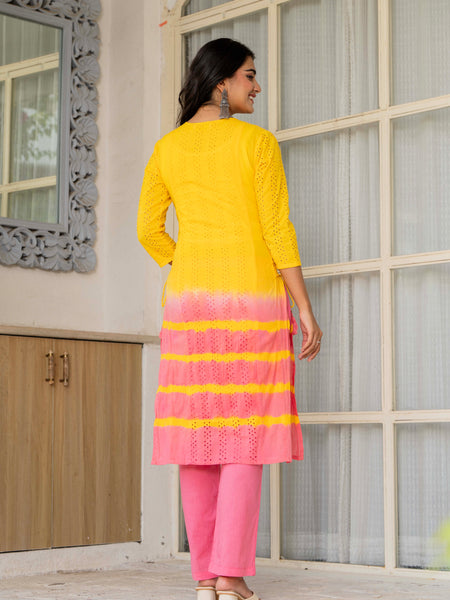 Women Tie& Dye Cotton Straight Shape Kurta , Pant With Dupatta