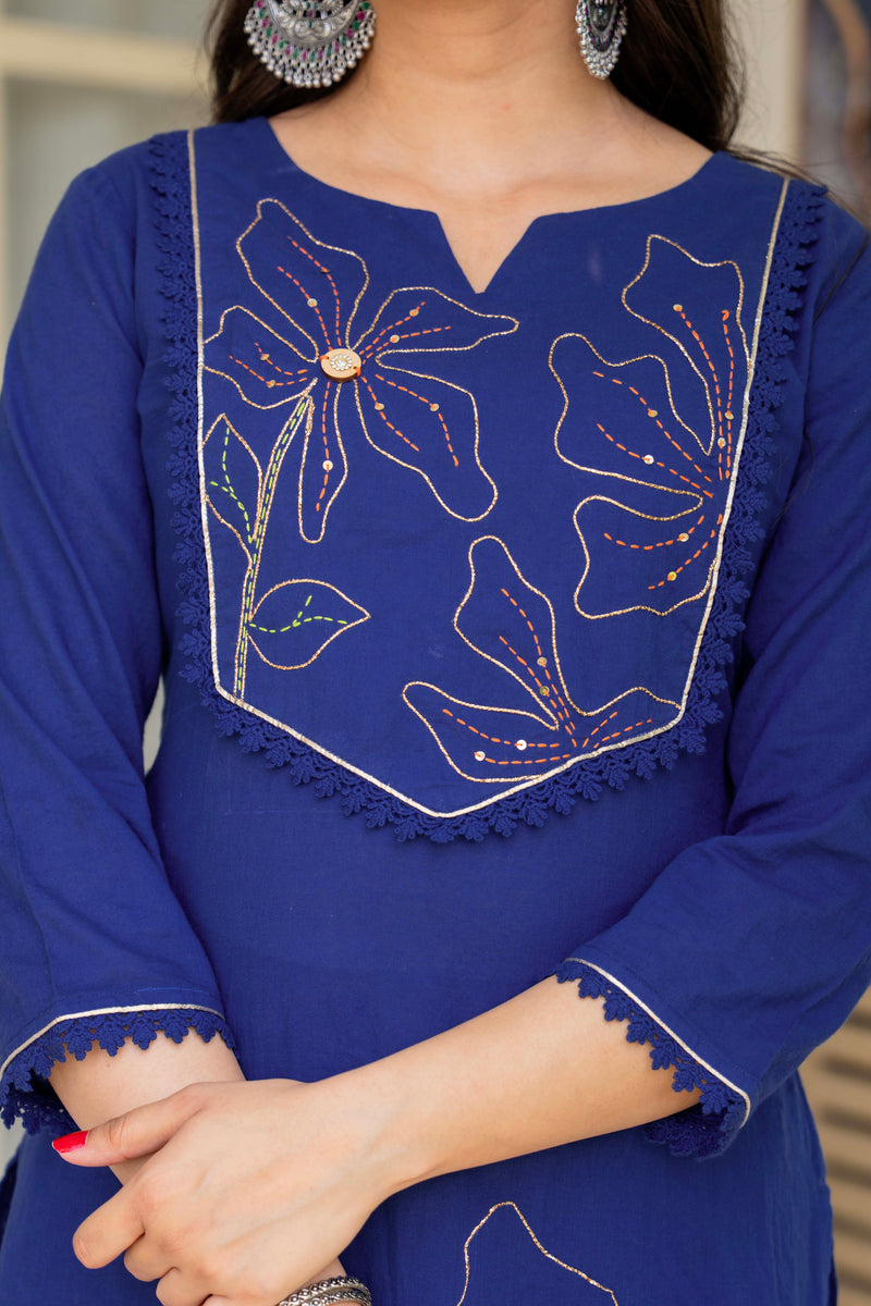 Women Blue Manual Embroiderey Straight Shape Kurta , Pant With Dupatta