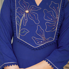 Women Blue Manual Embroiderey Straight Shape Kurta , Pant With Dupatta