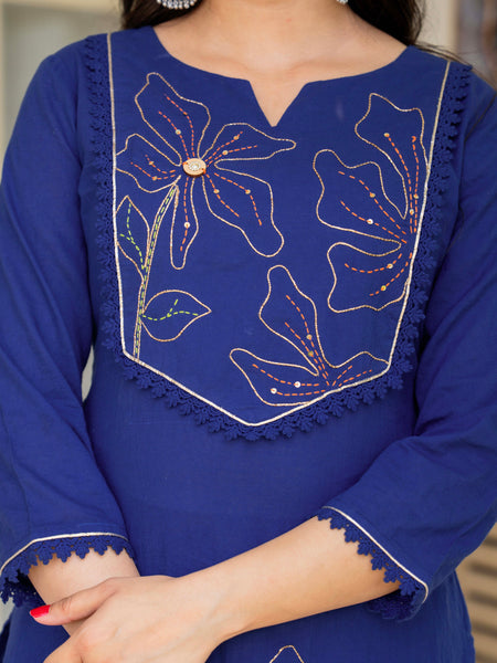 Women Blue Manual Embroiderey Straight Shape Kurta , Pant With Dupatta